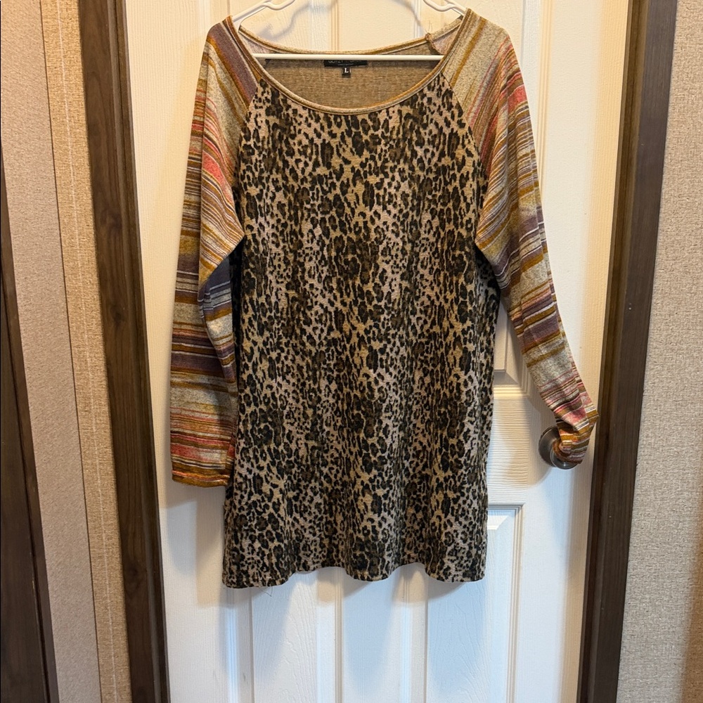 Leopard Print Raglan Tunic with Multicolor Striped Sleeves - Brown/Multicolor
